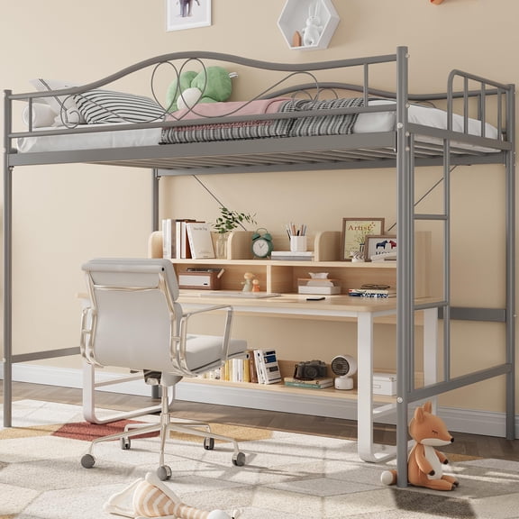 COZONY Silver GrayHeavy Duty Metal Loft Bed w/ Ladder & Safety Guardrail, Twin Size Space Saving Design