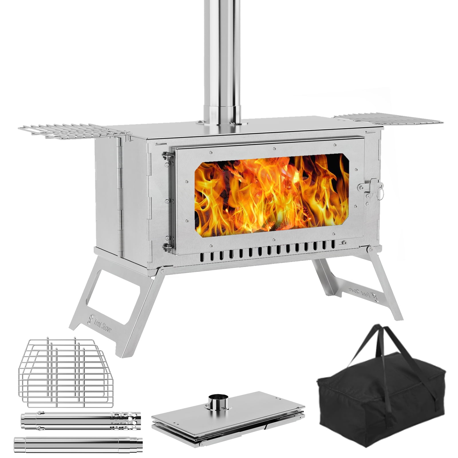 COZONY Stainless Steel Camping Tent Stove w/ Pipe & Bag,grill net， Portable Wood Burning Stove for Outdoor Cooking