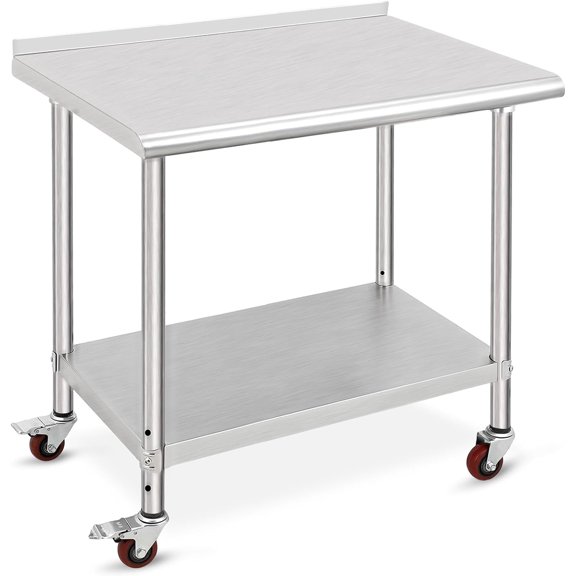 COZONY Stainless Steel Worktable with Casters, 36 * 24 * 35", Heavy-Duty Metal Table Cart with Backsplash, Commercial Workstation for Restaurants, Homes, and Hotels, Silver