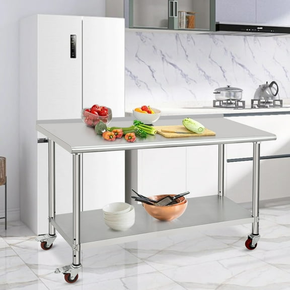 COZONY Stainless Steel Worktable with Casters, 60 * 24 * 35", Heavy-Duty Metal Table Cart with Backsplash, Commercial Workstation for Restaurants, Homes, and Hotels, Silver