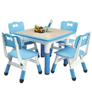 COZONY Toddler Play Activity Table Set, Adjustable Kids Table and 4 Chairs Set with Graffiti Desktop, 23.6"L Child Multi-Activity Table for Classrooms,Home,Daycares, Aged for 2-8, Blue