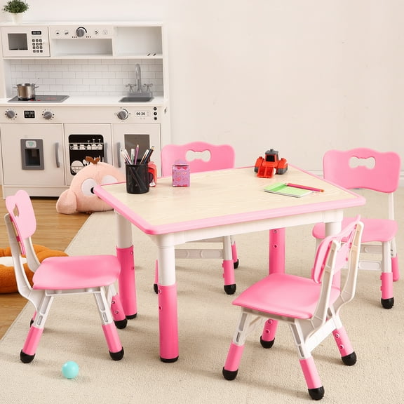 COZONY Toddler Play Activity Table Set, Adjustable Kids Table and 4 Chairs Set with Graffiti Desktop, 31.5"L Child Multi-Activity Table for Classrooms,Home,Daycares, Aged for 2-8, Pink