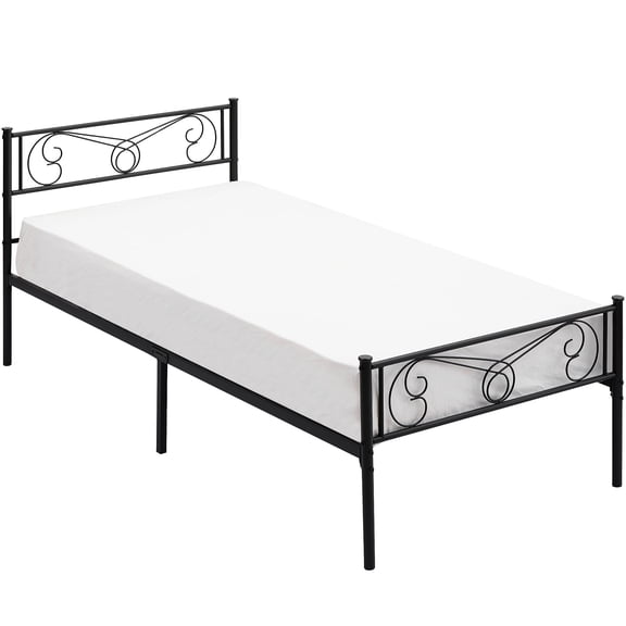 COZONY Twin Bed Frame with Double Carvings,75.2*39*35",Sturdy Headboard and Footboard,Featuring Metal Mattress Foundation and Storage Function,Noise-Free,No Box Spring Required,Easy to Install，Black
