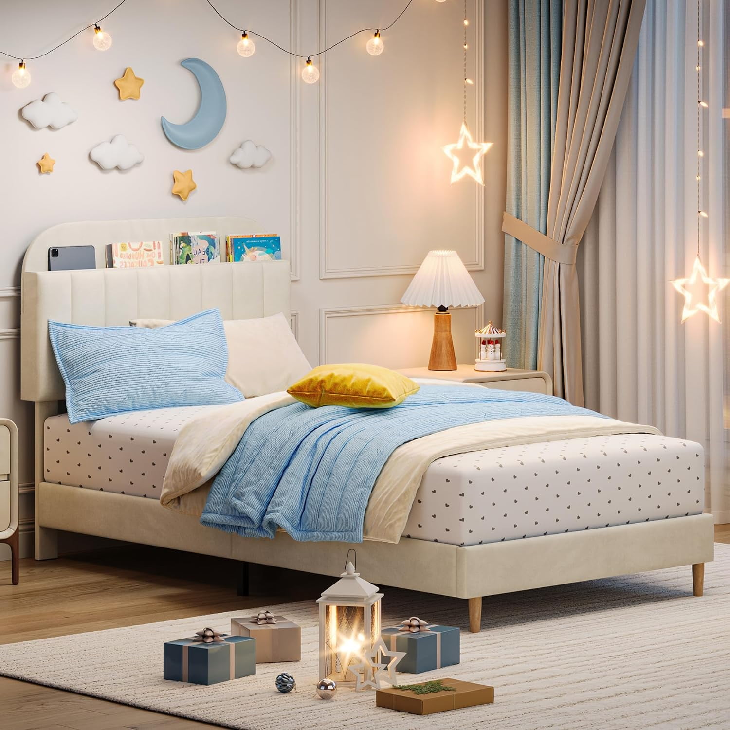 COZONY Twin Bed Frame, Velvet Upholstered Platform Bed w/ Bookcase Headboard, No Box Spring Needed, Noise-Free, Beige