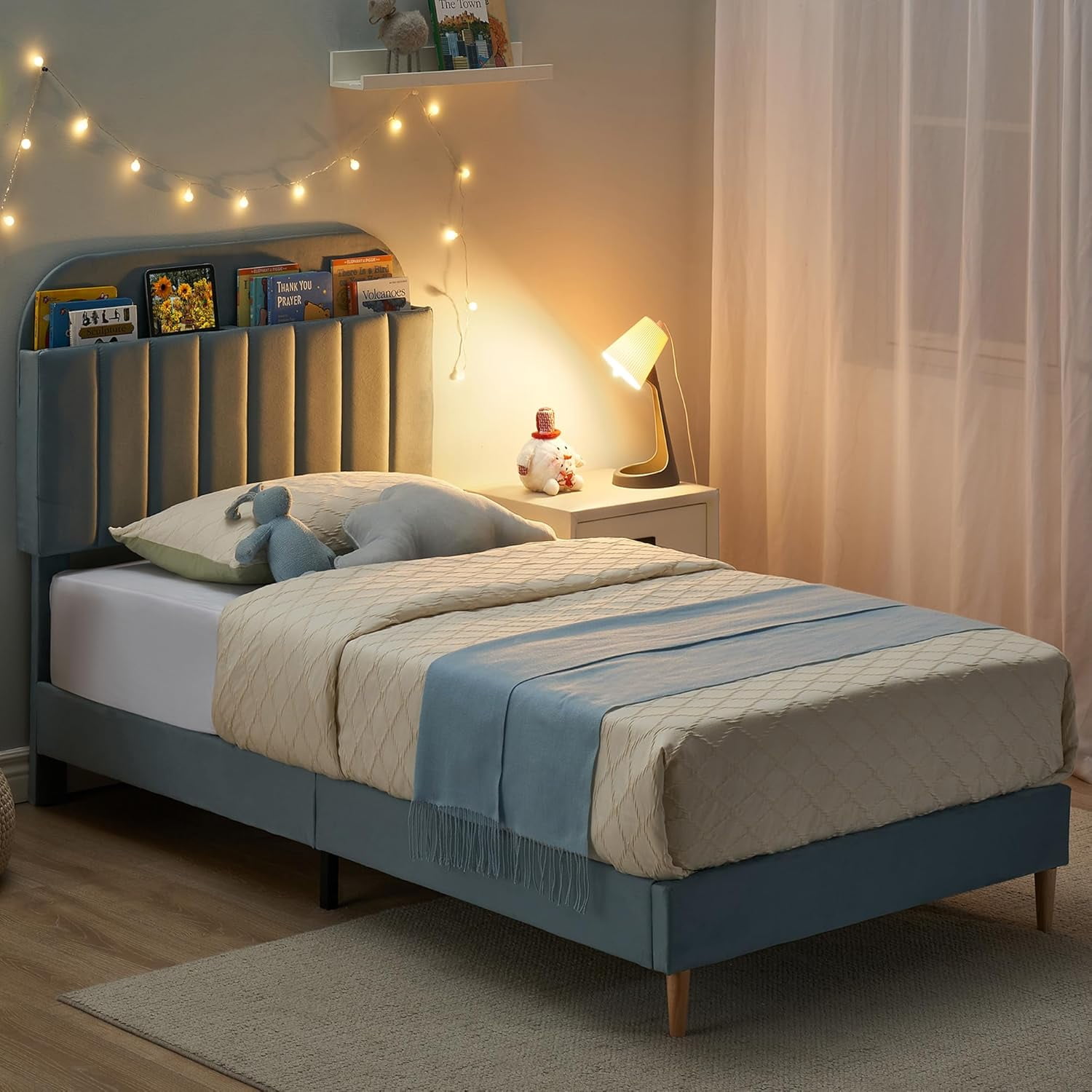 COZONY Twin Bed Frame, Velvet Upholstered Platform Bed w/ Bookcase Headboard, No Box Spring Needed, Noise-Free, Blue