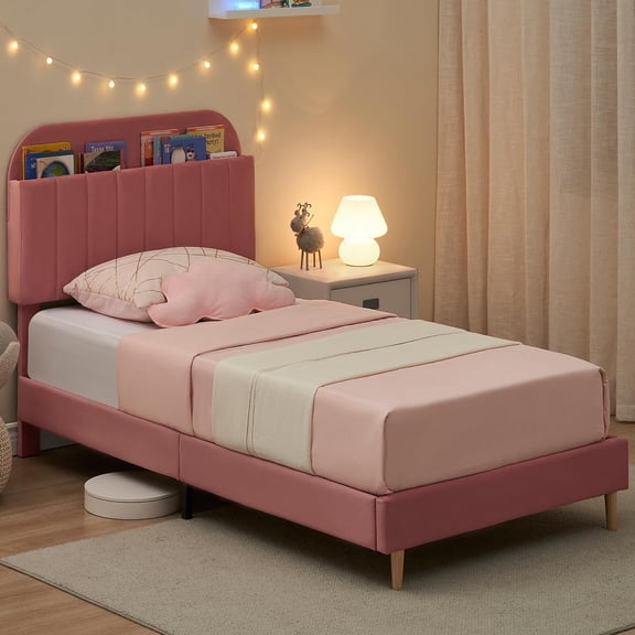 COZONY Twin Bed Frame, Velvet Upholstered Platform Bed w/ Bookcase Headboard, No Box Spring Needed, Noise-Free, Pink