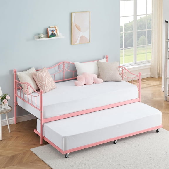 COZONY Twin Metal Daybed with Trundle, Sofa Bed Frame, Durable & Heavy Duty Metal Slats, Living Room, Bedroom, Space-Saving, Max Load 500lbs, Pink