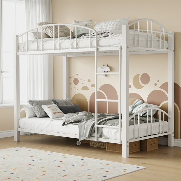 COZONY Twin Over Twin Metal Bunk Bed, Heavy Duty Steel Frame with Safety Guardrail & Ladder, Space-Saving, No Box Spring, White