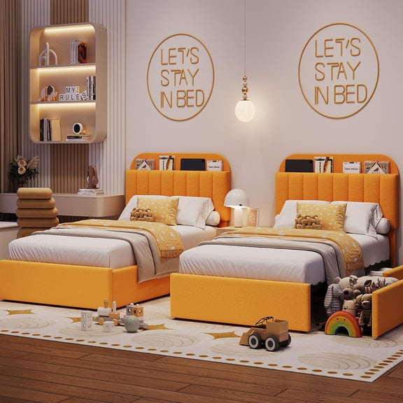 COZONY Twin Size Boucle Upholstered Platform Storage Bed Frame with Headboard Shelf & 2 Drawers, No Box Spring Required, Yellow