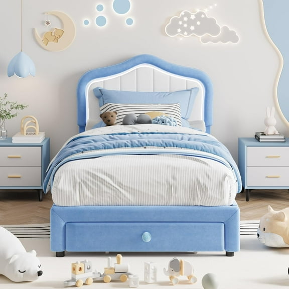 COZONY Twin Size Upholstered Bed Frame with Storage Drawer, LED Headboard, No Box Spring Needed, Easy Assembly, Blue & White