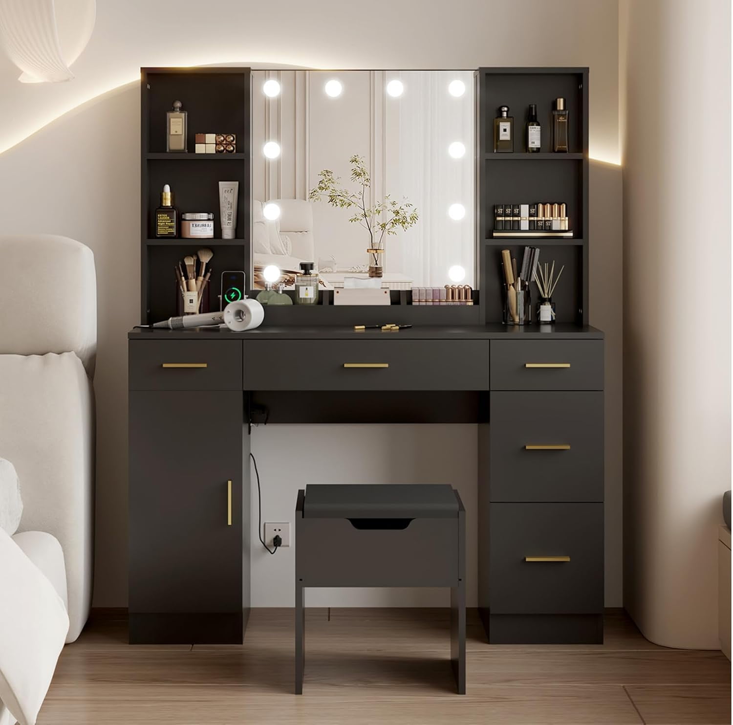 COZONY Vanity Desk with Mirror, Makeup Dressing Table Playset, Charging Station, 6 Open Shelves, 5 Drawers & Cabinet Door, 10 LED Bulbs & 3 Modes, Bedroom, Bathroom, Living Room, Black