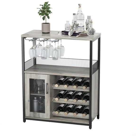 COZONY Versatile 5 Tier/1 Drawer Wine Bar Cabinet, Detachable Wine Rack and Ample Storage Space, Buffet Cabinet with Glass Holder and Mesh Door, Ideal for Kitchen, Living Room, and Bar,Gray