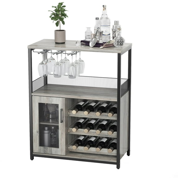 COZONY Versatile 5 Tier/1 Drawer Wine Bar Cabinet, Detachable Wine Rack and Ample Storage Space, Buffet Cabinet with Glass Holder and Mesh Door, Ideal for Kitchen, Living Room, and Bar,Gray