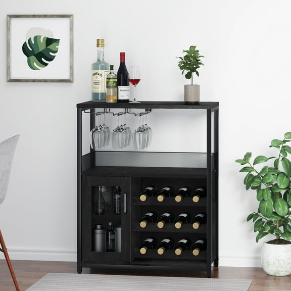 COZONY Versatile 5 Tier/1 Drawer Wine Bar Cabinet, Detachable Wine Rack and Ample Storage Space, Buffet Cabinet with Glass Holder and Mesh Door, Ideal for Kitchen, Living Room, and Bar,Black