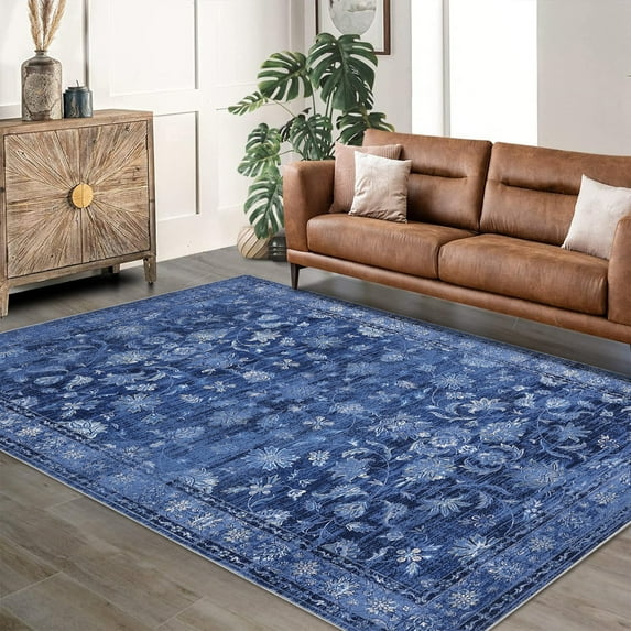 COZONY Vintage Flower 5x7ft Area Rug, Blue Tint, Non-Shedding Washable Carpet for Bedroom, Playroom, or Living Room