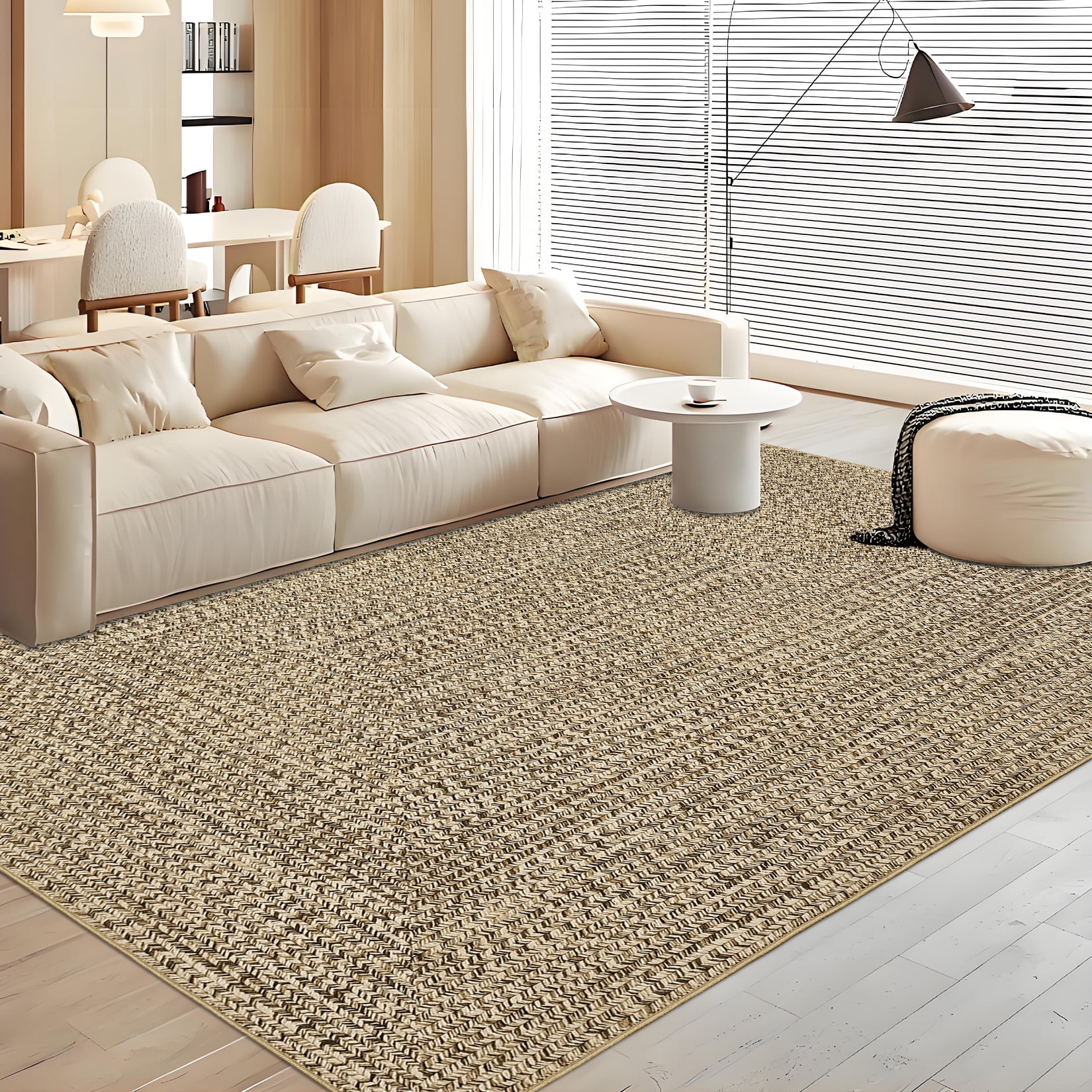 COZONY Washable 8'x10' Area Rug for Living Room, Printed Braided Look Carpet, Non-Slip, Stain-Resistant Faux Wool Rug for Bedroom, Nursery & Dining Room, Beige
