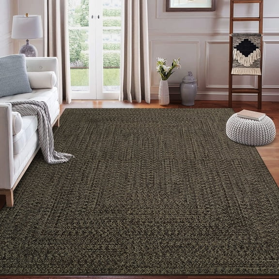 COZONY Washable 9'x12' Large Area Rug for Living Room, Printed Braided Look Carpet, Non-Slip, Stain-Resistant Faux Wool Rug for Bedroom & Dining Room, Brown