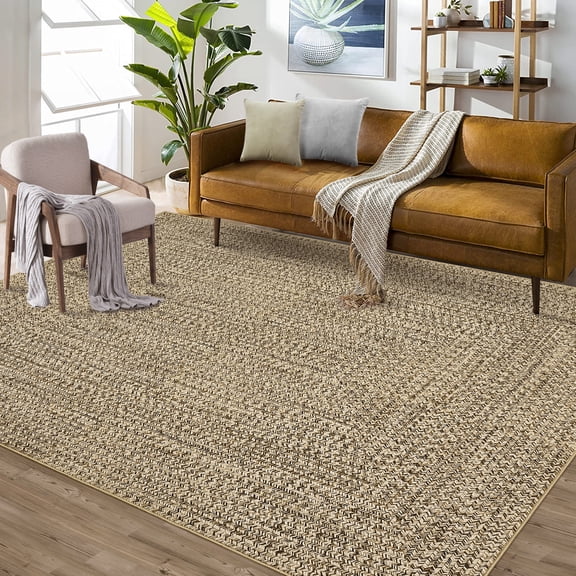 COZONY Washable 9'x12' Large Area Rug for Living Room, Printed Braided Look Carpet, Non-Slip, Stain-Resistant Faux Wool Rug for Bedroom, Nursery & Dining Room, Beige