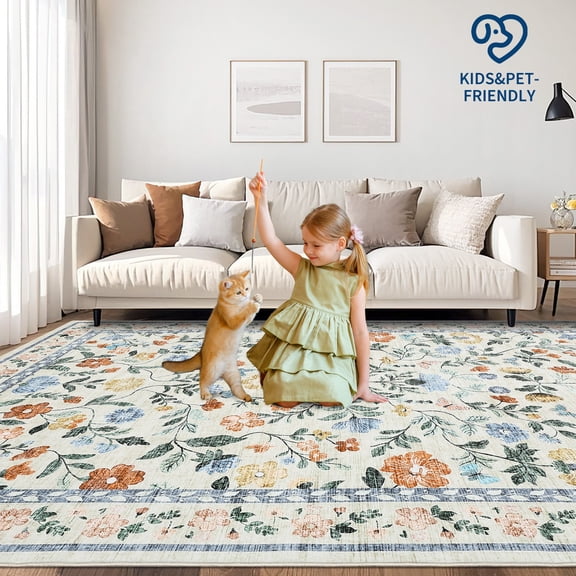 COZONY Washable Area Rug, Low Pile Farmhouse Floral Non-Slip Vintage Throw for Bedroom, Dining Room, Kitchen