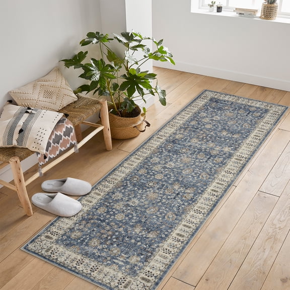 COZONY Washable Runner Rug, Blue 2x6ft, Floral Soft Low Pile Non-Slip Carpet for Hallway, Kitchen, or Laundry Room