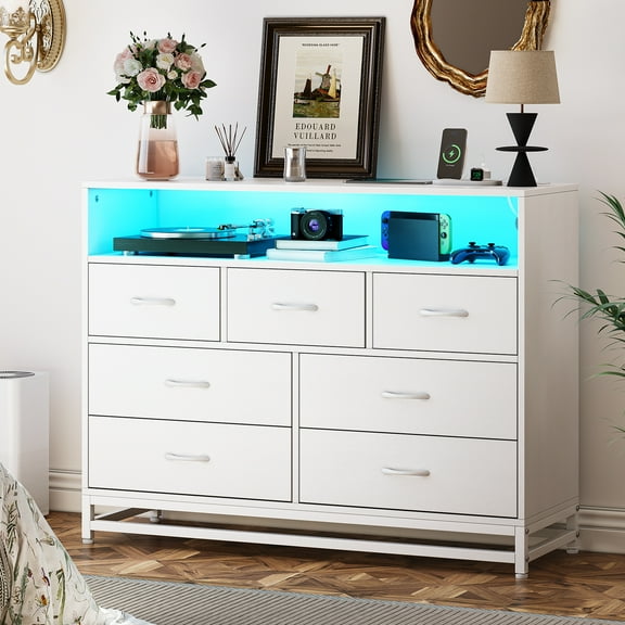 COZONY White Farmhouse Chic TV Stand w/ 7 Drawers, Engineered Wood Media Console for Organized Storage