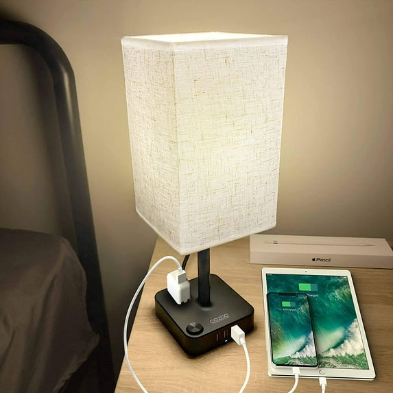 COZOO USB Bedside Table & Desk Lamp with 3 USB Charging Ports and 2 Outlets Power Strip,Square Black Charger Base with Flaxen Fabric Shade, LED Light for Bedroom/Nightstand/Living Room