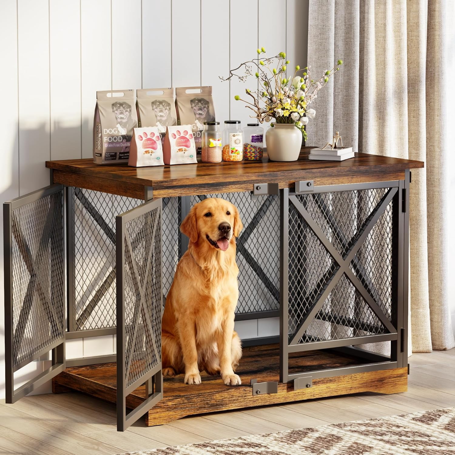 COZPAW 48 Inch Heavy Duty Dog Crate Furniture, Double Door Wooden Dog Kennel End Table for Large Dogs, Brown