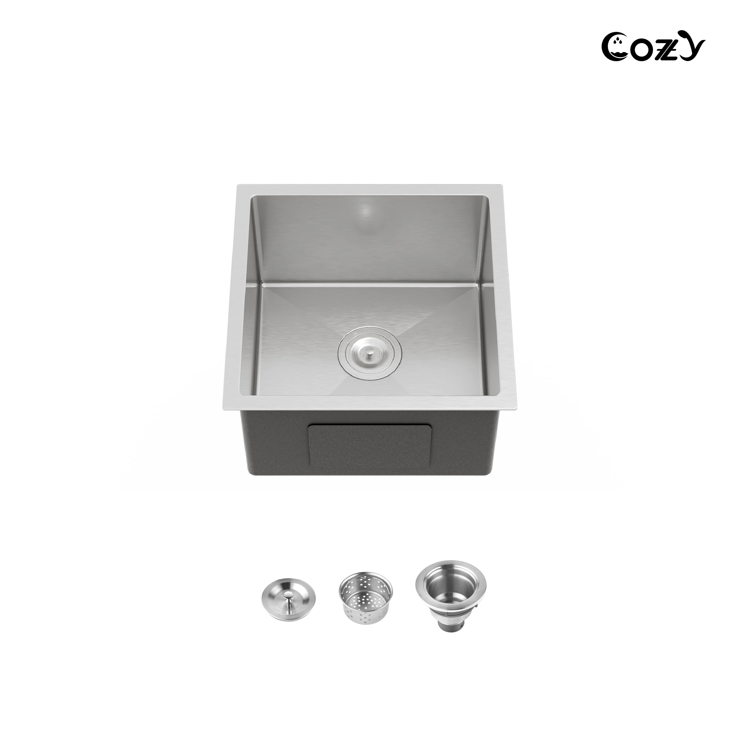 COZY 18″x18″ Stainless Steel Kitchen Sink, Single Bowl, Undermount Handmade Sink in Brushed Nickel, with US Standard Drain and Hook, SS-BR04D-181808