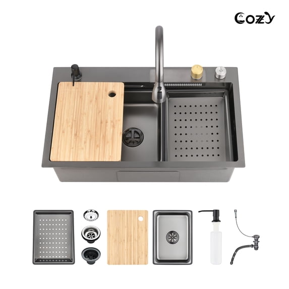 COZY 30″×22″ Stainless Steel Single Bowl Kitchen Sink, Black Waterfall Workstation with Flying-Rain Faucet, Cutting Board, 1 Count, SS-BL05-302208
