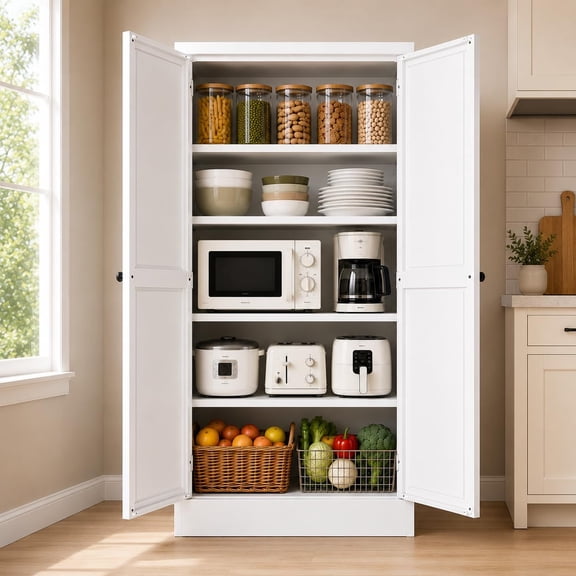 COZY ROOT 61" White Metal Pantry Cabinet,4 Shelves 2 Door Kitchen Storage
