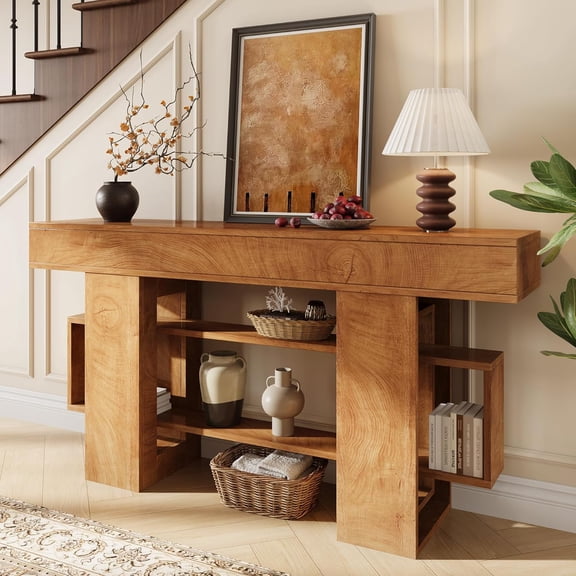 COZY ROOT 63 Inches Entryway Table, Wooden Console Table with Storage, Narrow Sofa Table Behind Couch, Farmhouse Long Entry Hallway Tables for Entrance, Foyer, Living Room, Natural Brown