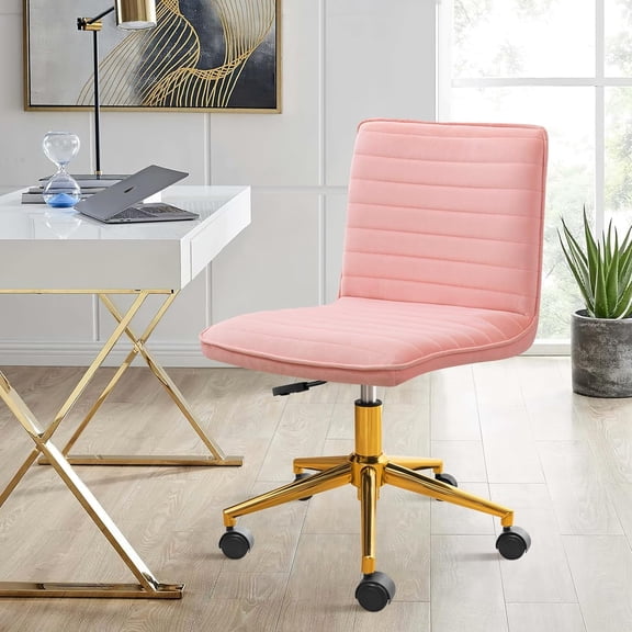 COZY ROOT Armless Vanity Chair with Wheels, Computer Rolling Desk Chair with Back, Pink Office Chair with Height Adjustable Soft Velvet Fabic Gold Metal Base Stool,Pink