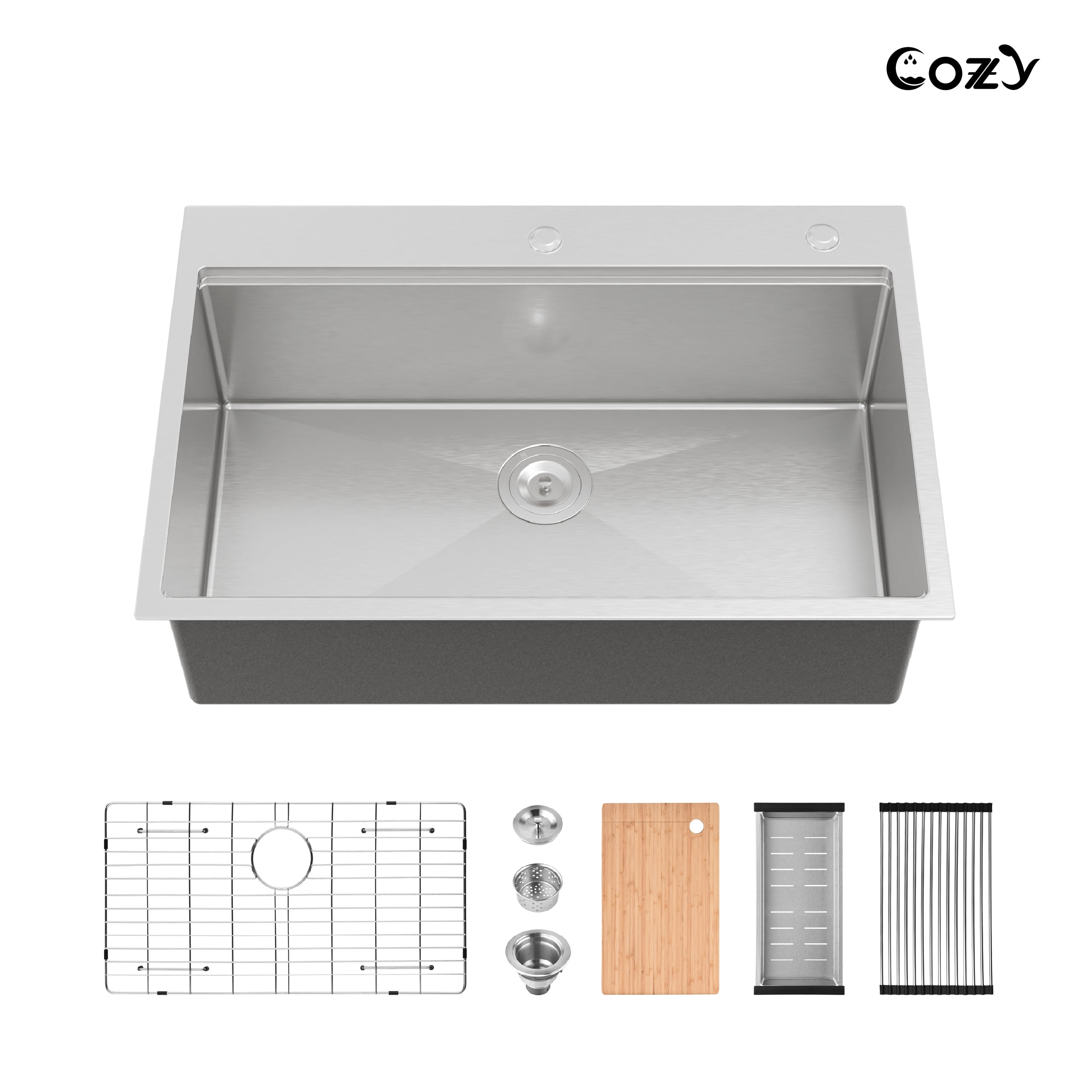 COZY Stainless Steel Kitchen Sink, Single Bowl, Overmount Handmade Sink, with US Standard Drain and Hook.