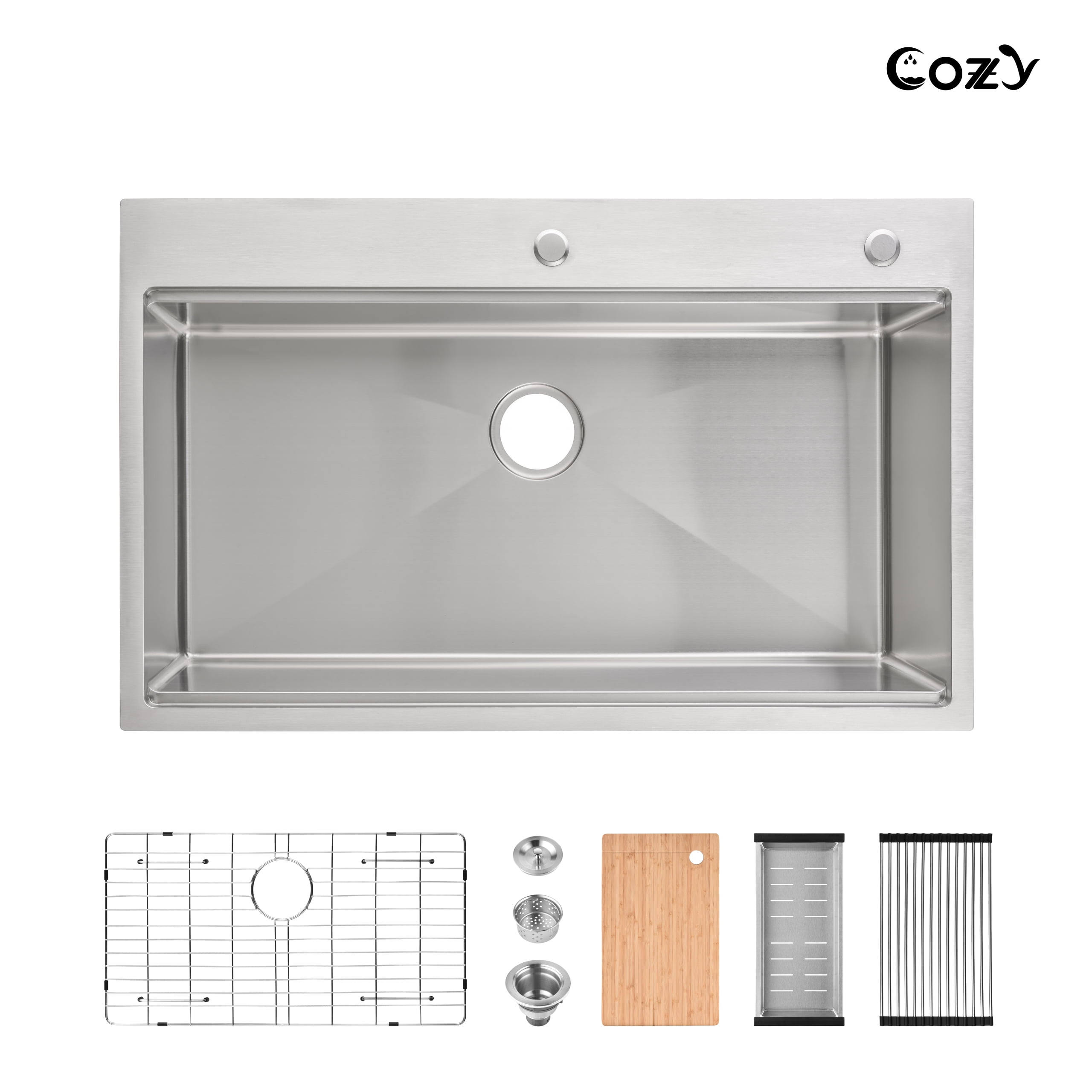 COZY Stainless Steel Kitchen Sink, Single Bowl, Overmount Handmade Sink, with US Standard Drain and Hook.