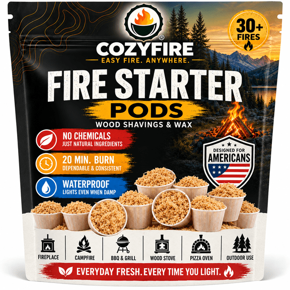 Cozyfire Premium Fire Starters Pods, Natural Fire Starters for Campfire, Firewood Starter, BBQ Grills, Fire Pits, Wood Stove, Fireplaces, Pizza Ovens , Easy Light Pods, 20 Mins Burn Time, 30Pcs