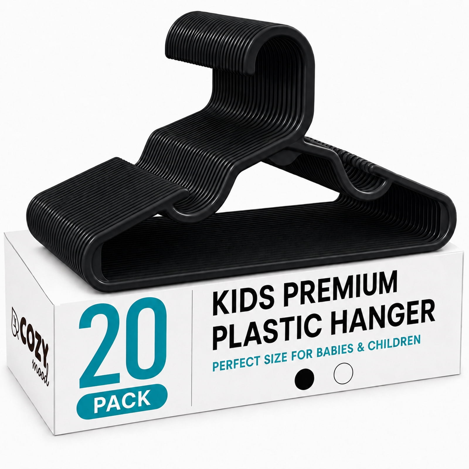 Cozymood  Baby Hangers 20 Pack, Kids Plastic Hangers for Nursery Closet, Space Saving Toddler Hangers for Infant & Child Clothes, Baby Clothes Hangers for Shirts, Pants, Coats, Black