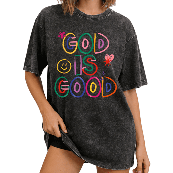 COZYMY Women Rainbow Smiley Graphic Vintage Washed Tee Loose