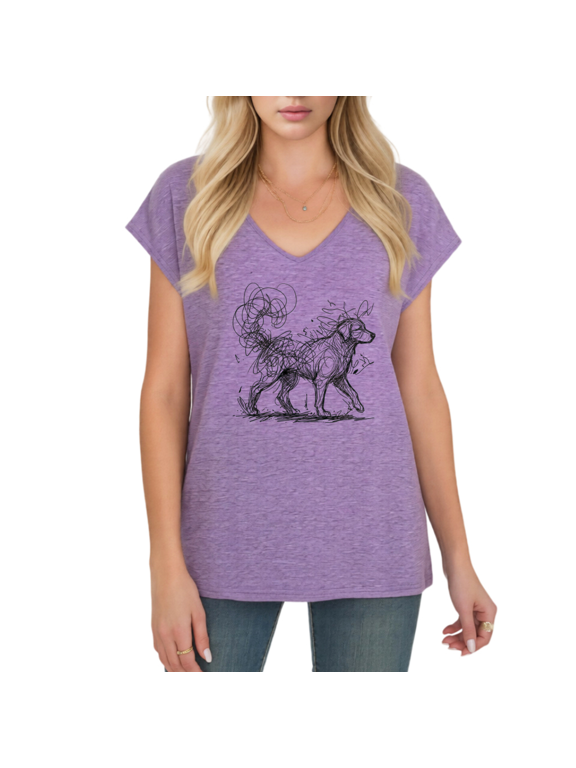Women V Neck Cute Puppy Sketch Tee Shirt Funny Line Art Dog Graphic Top Short Sleeve Relaxed Fit Summer Casual Blouse