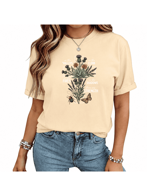 COZYMY Women's Botanical Graphic Tee White Text Nature Print Red Shirt Wildflower Plant Design Short Sleeve Crewneck Boho Aesthetic Summer Top