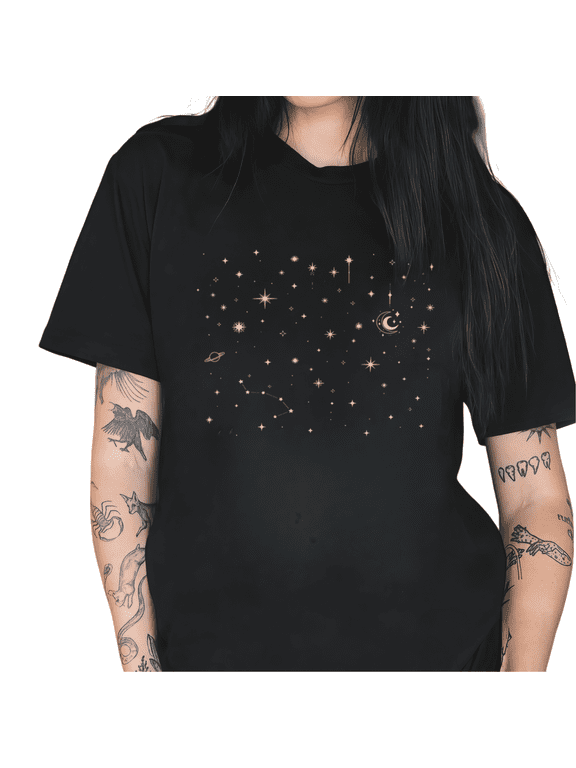 Women's Celestial Star Moon Constellation Galaxy Graphic Short Sleeve T-Shirt Boho Night Sky Casual Tees Tops