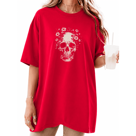 COZYMY Women's Cottagecore Skull Graphic Short Sleeve Shirt Soft Cotton Black Crewneck Summer Tee