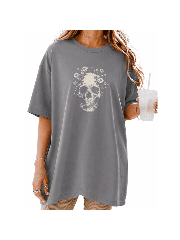 Women's Cottagecore Skull Graphic Short Sleeve Shirt Soft Cotton Black Crewneck Summer Tee
