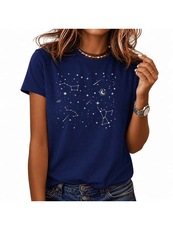Women's Glow Constellation Moon Star Galaxy Graphic Short Sleeve T-Shirt Boho Celestial Casual Tees Tops