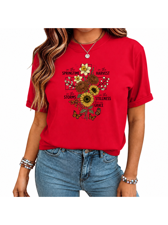 COZYMY Women's Graphic Crewneck Tee Flower Nature Print Red Short Sleeve Top Casual Relaxed Fit Versatile Summer Shirt Trendy Everyday Wear