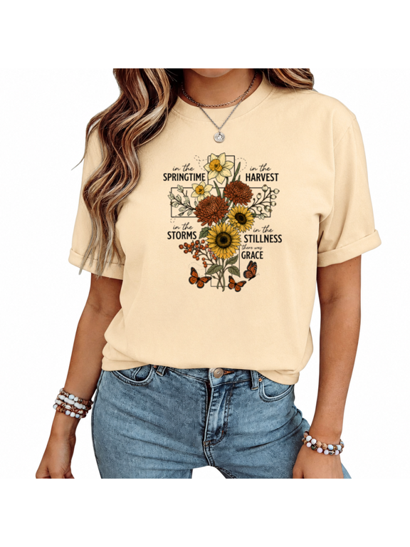 COZYMY Women's Graphic Crewneck Tee Flower Nature Print Red Short Sleeve Top Casual Relaxed Fit Versatile Summer Shirt Trendy Everyday Wear