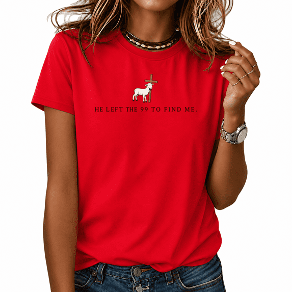 COZYMY Women's He Left The 99 To Find Me Lamb Cross Graphic Short Sleeve T-Shirt Christian Faith Casual Tees Tops