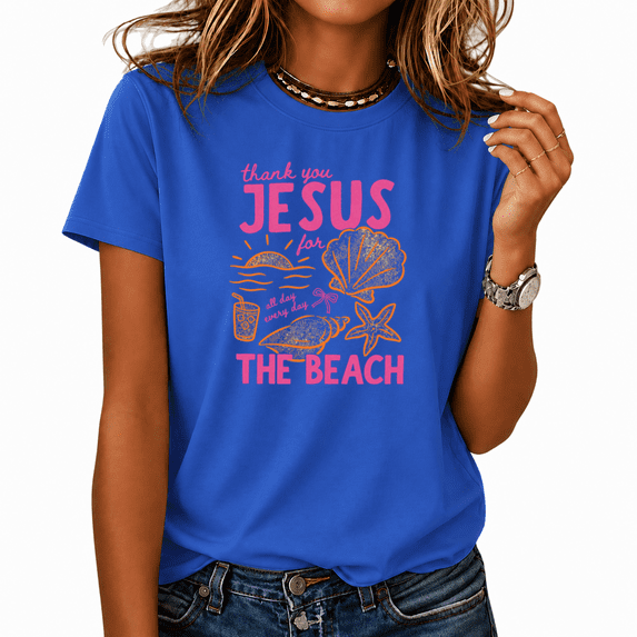 COZYMY Women's Jesus Beach Graphic Tee Sunny Summer Vacation Crewneck T Shirt Tropical Ocean Theme Religious Apparel Coastal Casual Top