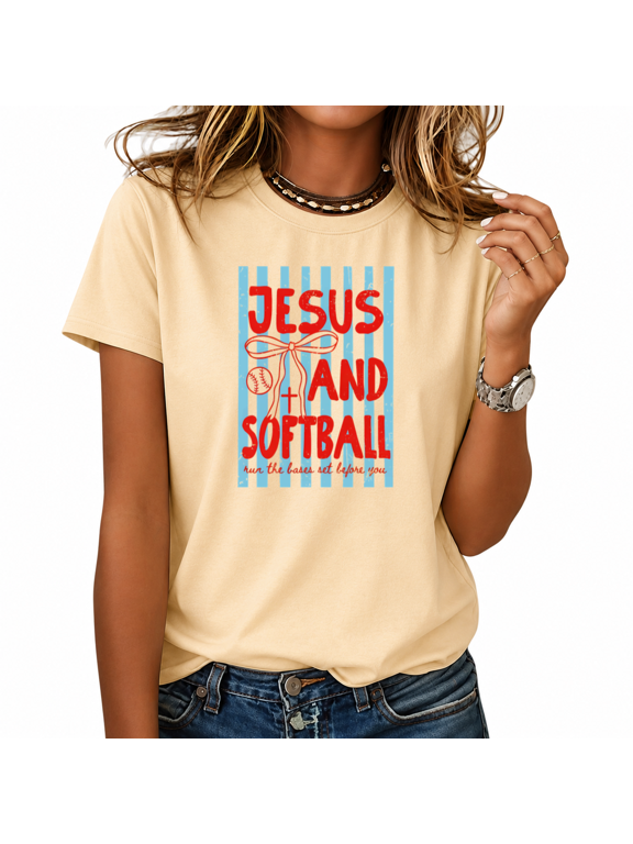 Women's Jesus And Softball Graphic T Shirt Striped Game Day Tee Cute Bow Christian Sports Mom Summer Casual Religious Faith Apparel Softball Lover Top