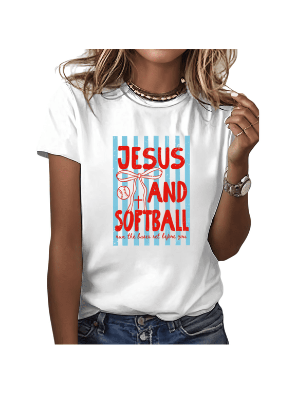 Women's Jesus And Softball Graphic T Shirt Striped Game Day Tee Cute Bow Christian Sports Mom Summer Casual Religious Faith Apparel Softball Lover Top