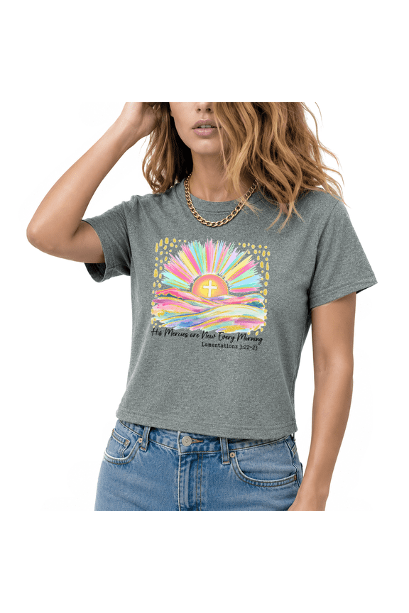 Women's Lamentations Daily New Mercies Quote Gold Foil Watercolor Sunrise Cross Script Letter Art Graphic Cropped Short Sleeve T-shirt Christian Hope Inspirational